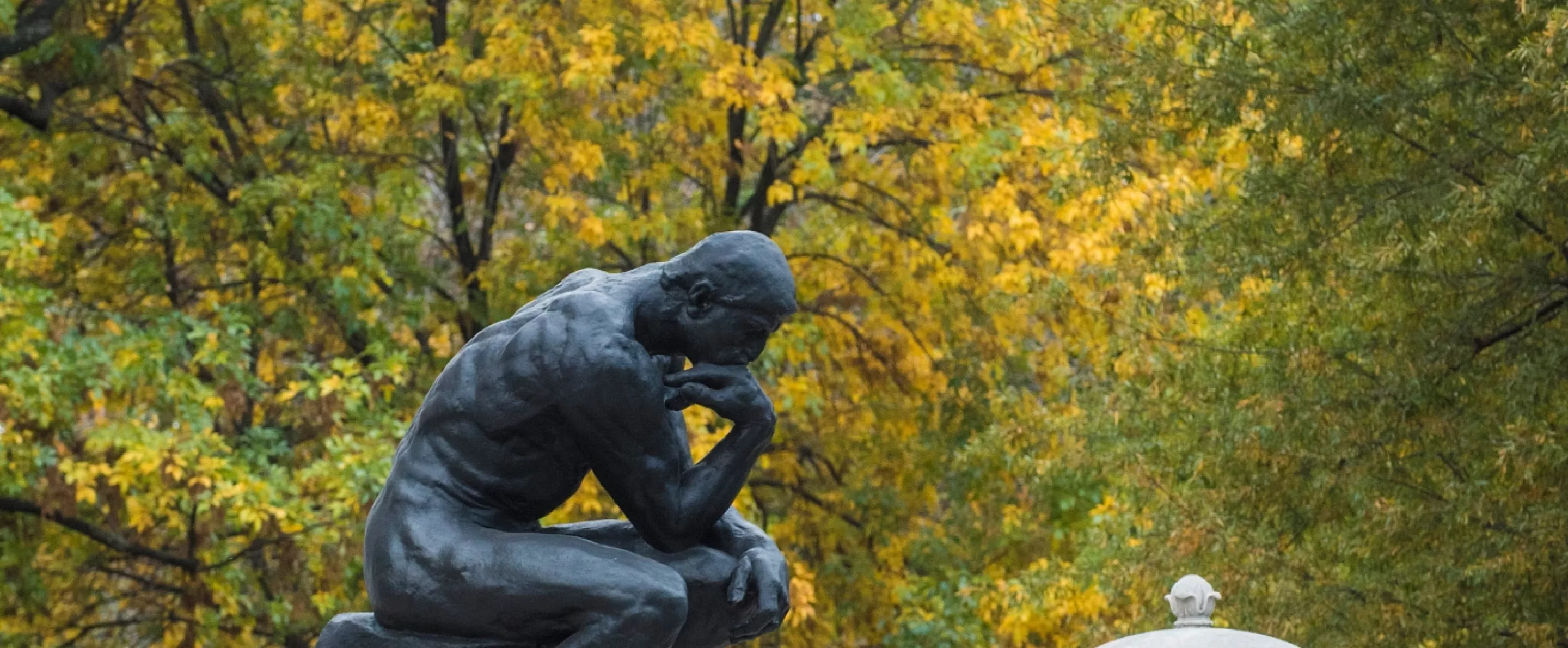 Steps of Grawemeyer Hall and The Thinker against fall trees