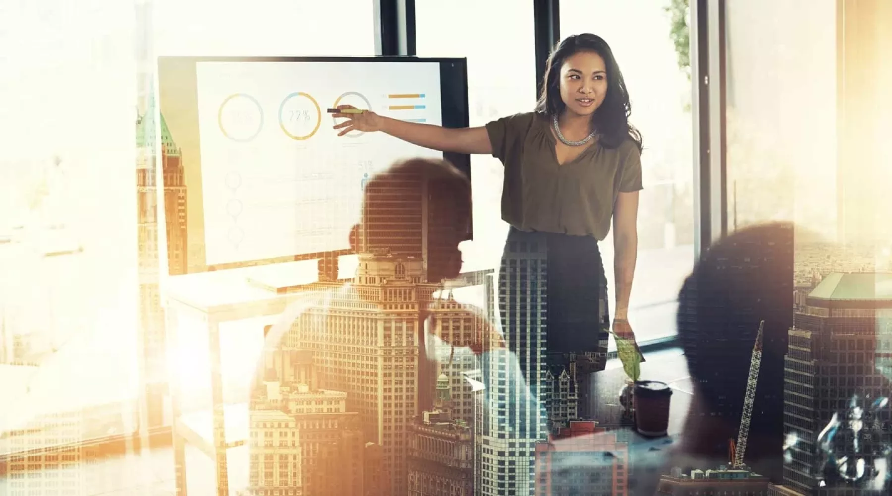 Woman presenting business charts to a group