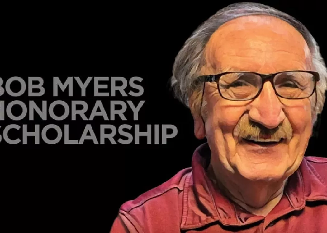 Picture of Bob Myers in a red collared shirt next to text that says "Bob Myers Honorary Scholarship"
