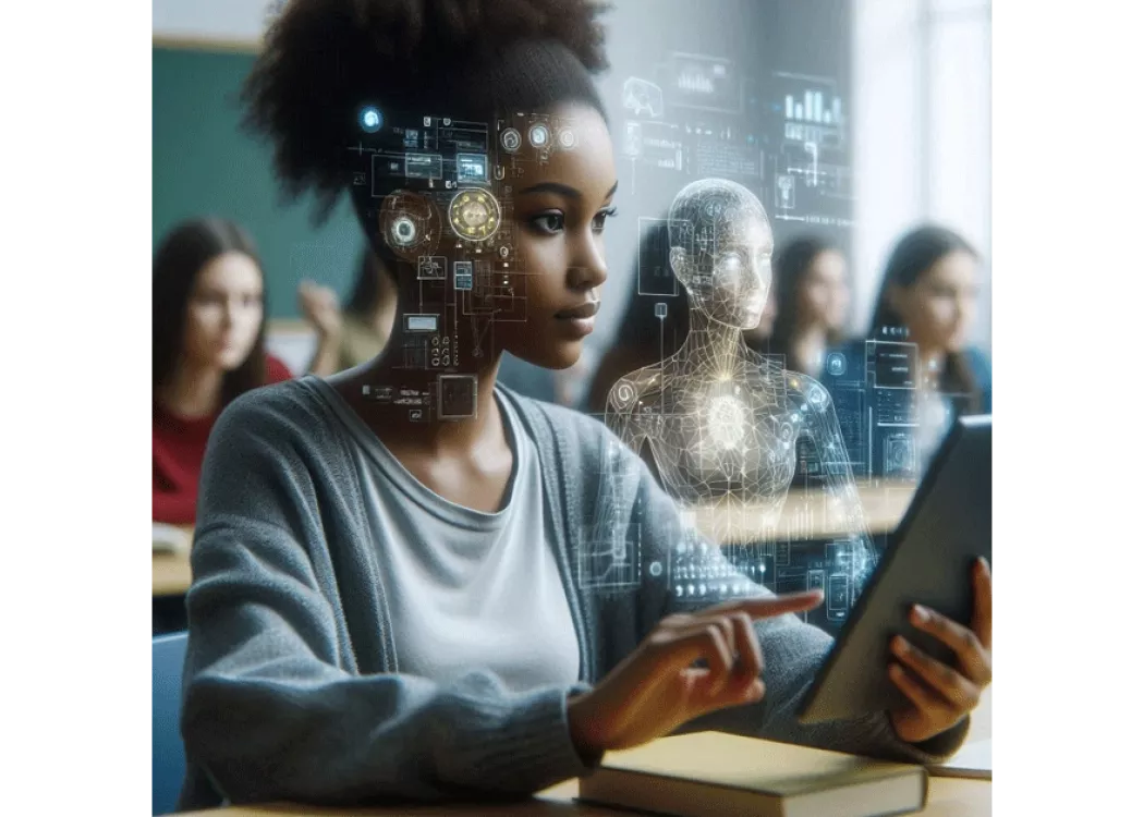 A woman using a tablet with holographic projections floating in front of her.