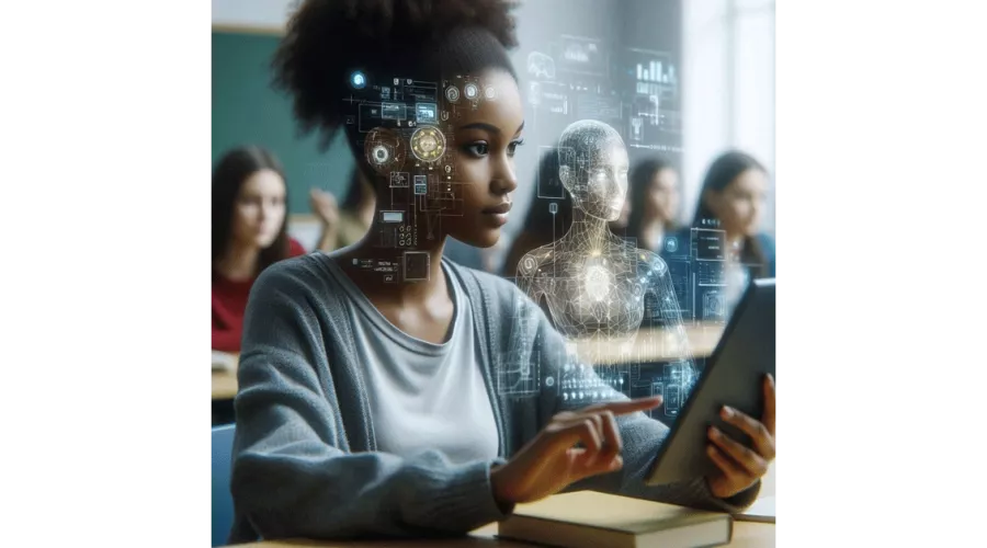 A woman using a tablet with holographic projections floating in front of her.