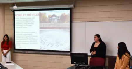 Student-Run Enterprise team members Abby Horn, Thunvi Kulkarni and Mariana Meneses pitch their concept, Home by the Ville in…