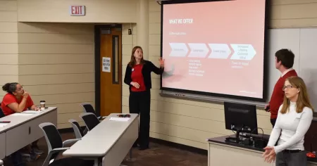 Student-Run Enterprise team members Kaylee DeWeese, Jacob Slone and Laura Worth pitch their concept, The Redfeather Roast in…